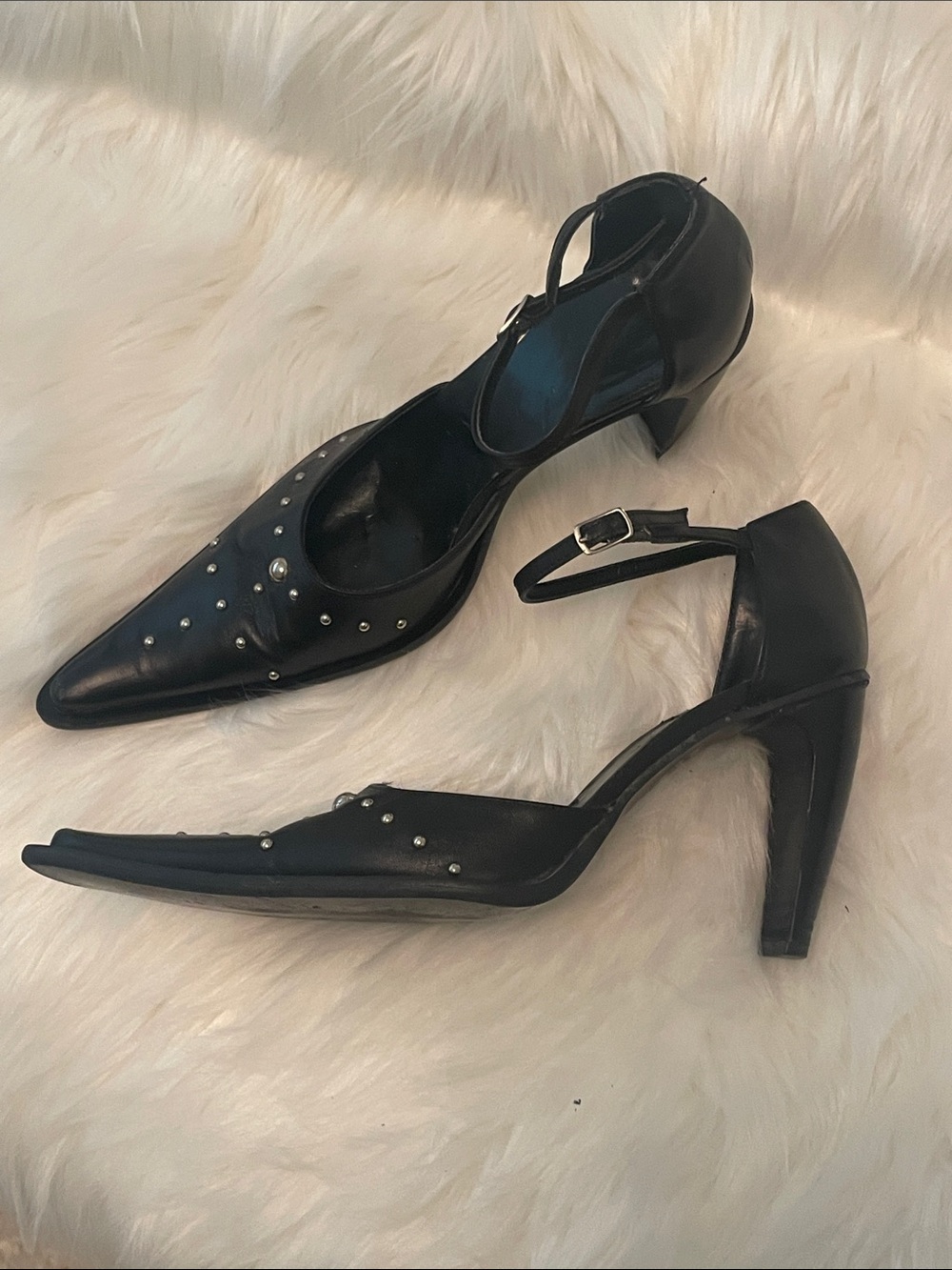 Bagatt - Black Stud Detail Pointed Ankle-Strap Leather Heels - 37 - Made Italy